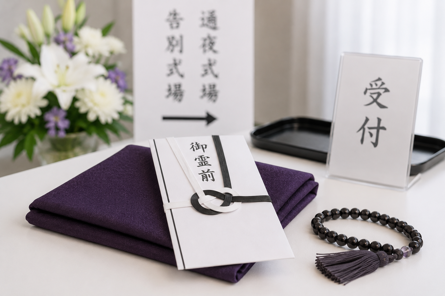 香典を袱紗に包み受付で渡すイメージ